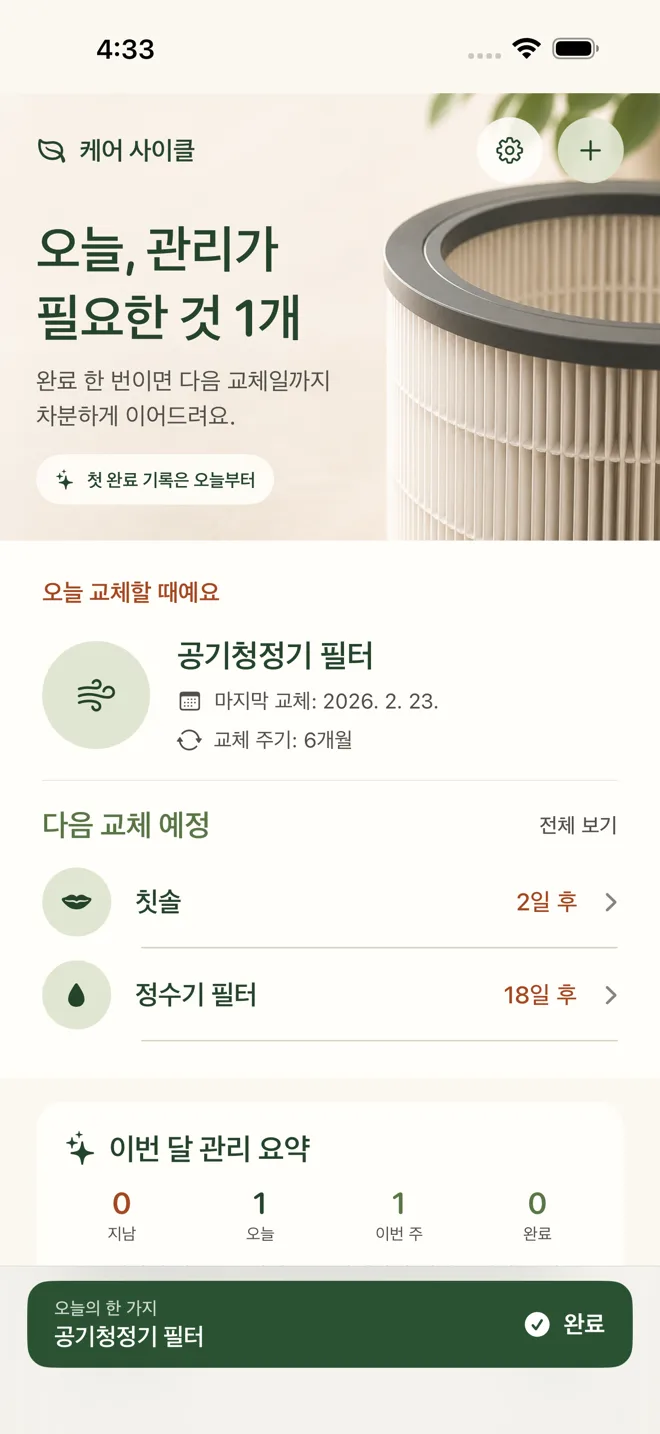 케어 사이클 1.2.0 홈: 오늘의 관리, 다음 교체 예정, 이번 달 관리 요약과 완료 바